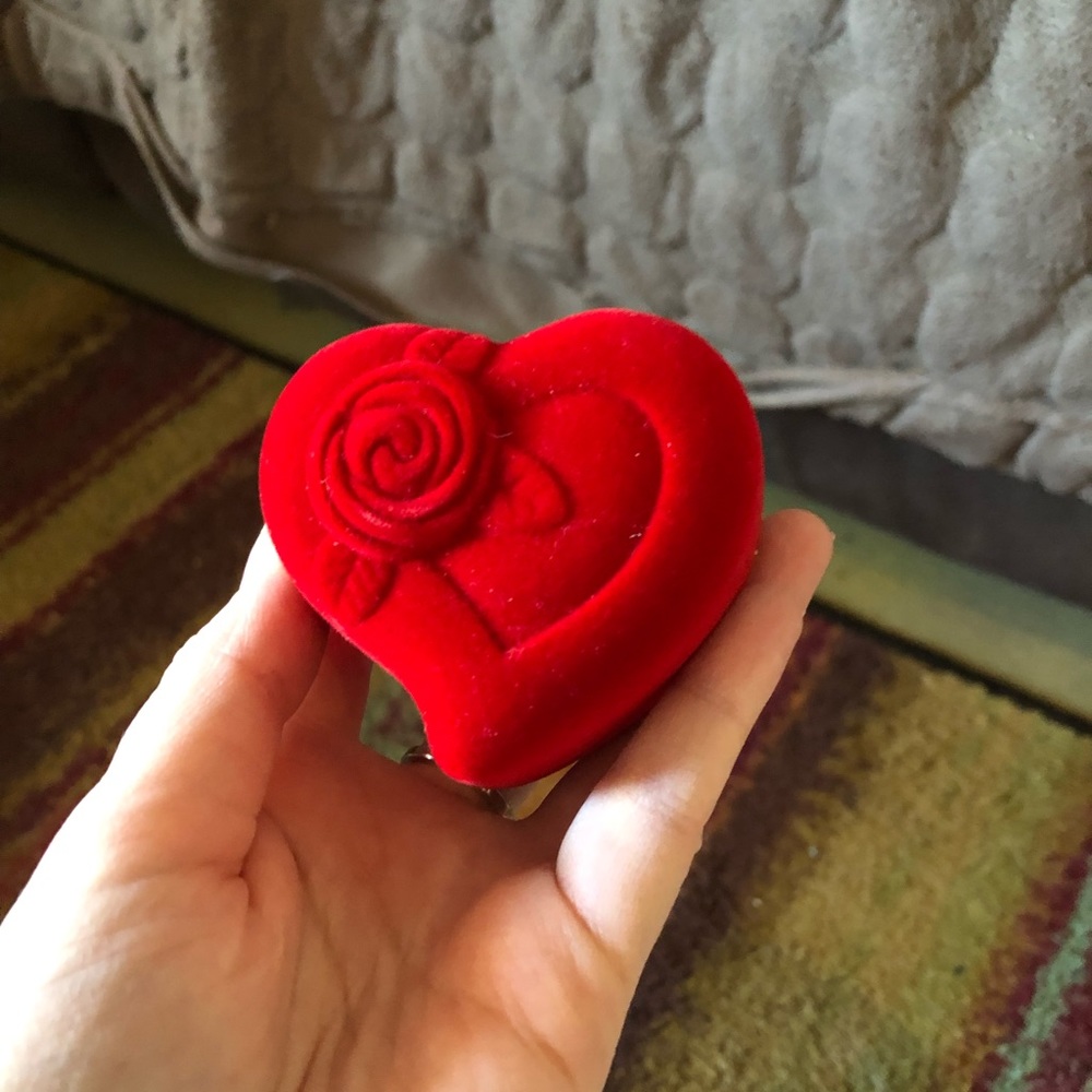 Heart shaped box. Looks like it came with a ring and earrings.